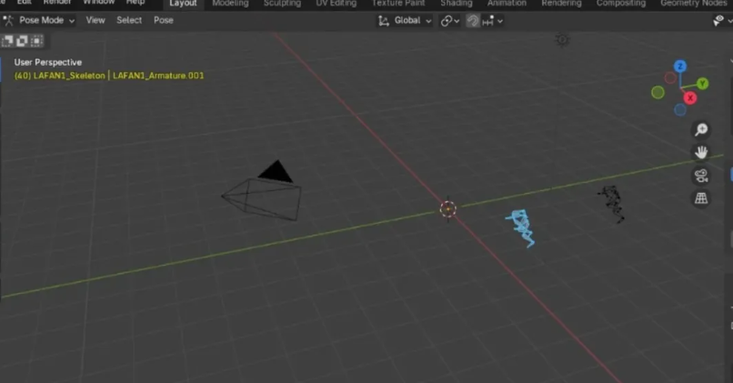 Blender viewport showing a blue human pose rig and scene guides